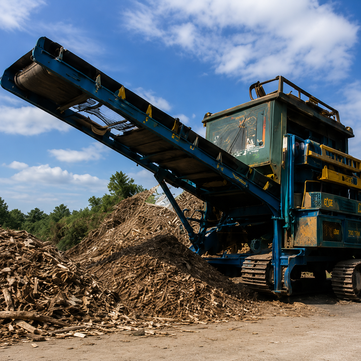 Recycling machinery processing recovered wood material